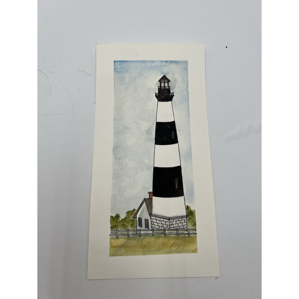 Original Watercolor Cape Hatteras Lighthouse Signed Sarah Haden Coastal Art 5x10